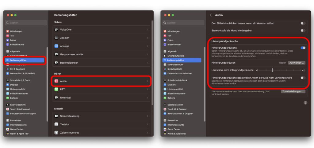 Zur Auswahl der Umgebungsgeräusche für die Wiedergabe im Hintergrund kommt ihr über Apple-Menü -> Systemeinstellungen… -> Bedienungshilfen -> Audio. Ihr könnt den Sound, die Lautstärke und weitere Optionen auswählen.