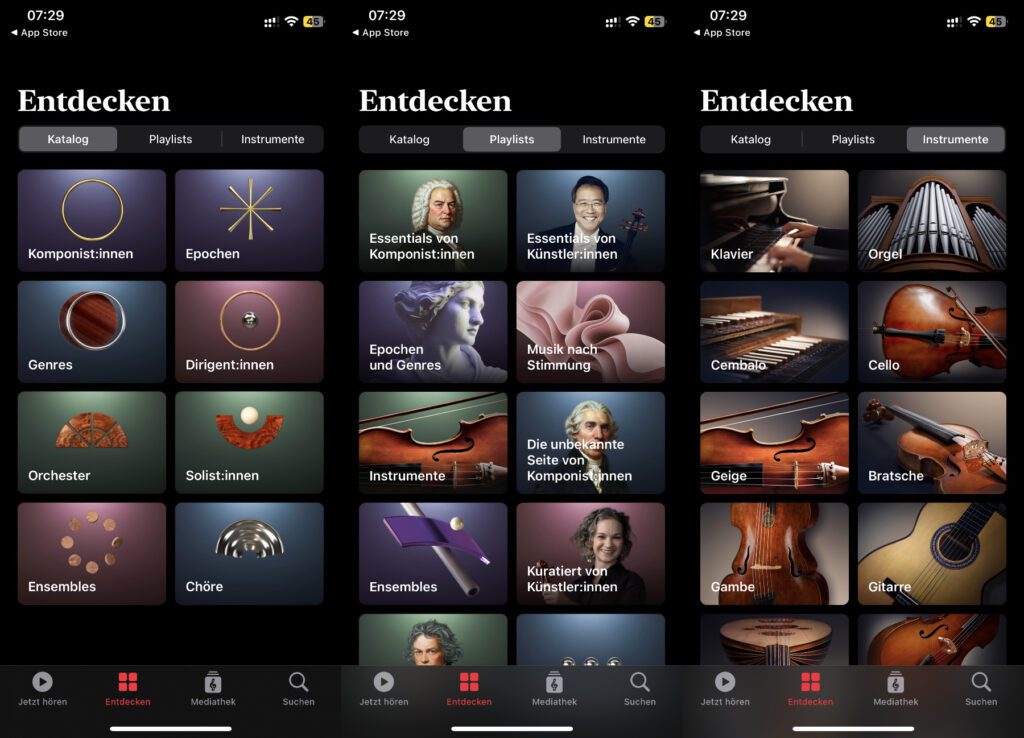 Der "Entdecken"-Tab hält verschiedene Auswahlmöglichkeiten bereit. Ihr könnt im Katalog stöbern, nach bestimmten Playlisten suchen oder klassische Musik entdecken, die auf eurem Lieblingsinstrument gespielt wurde.