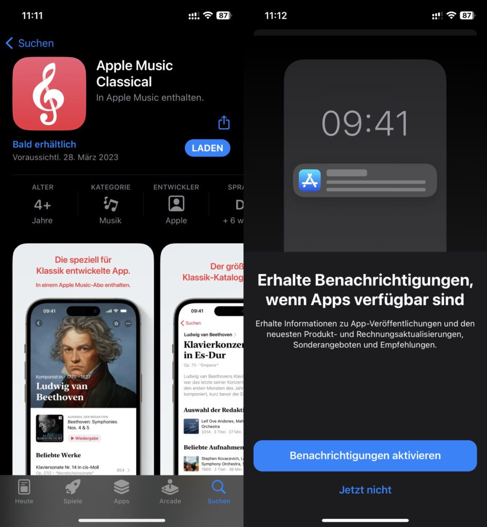 Geladen werden kann die App noch nicht wirklich. Tippt man aber auf den Button und bestätigt diesen über die Seitentaste, dann kann man die Benachrichtigungsoption für den Release verwenden. 