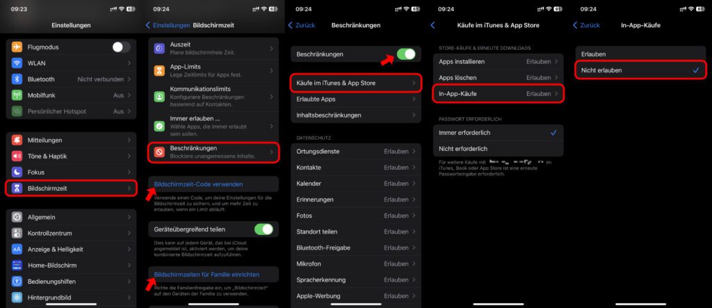 Screenshot-Anleitung, mit der ihr Schritt für Schritt am Apple iPhone die In-App-Käufe deaktivieren könnt. Wenn ihr befürchtet, dass euer Kind diese Einstellungen kennt und so die Einschränkung umgehen kann, legt einen Bildschirmzeit-Code fest, um diesen Teil der Einstellungen unzugänglich zu machen.