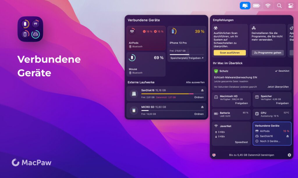 Ab heute ist die „Verbundene Geräte“-Erweiterung für die CleanMyMac X Menüleisten-App aus der Betaversion heraus und steht als Update für alle Nutzer/innen zur Verfügung. Bilderquelle: MacPaw