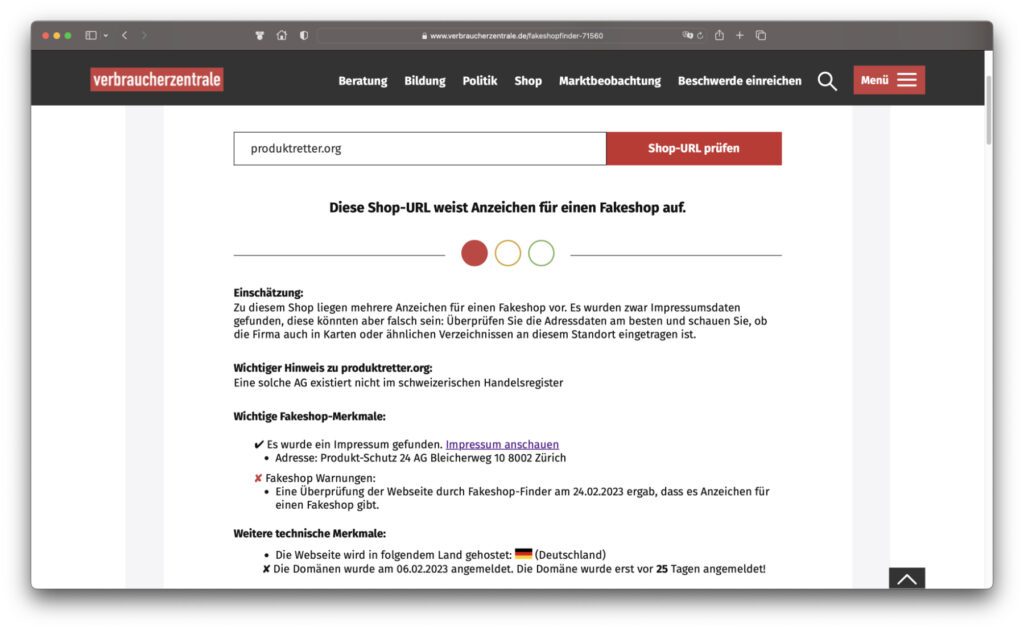 Stellt sich raus, dass ich mit meinen Recherchen zu dieser Seite schon hinterherhinke. Im Fakeshop-Finder der Verbraucherzentrale ist sie schon ein bisschen länger mit einem Warnhinweis hinterlegt.