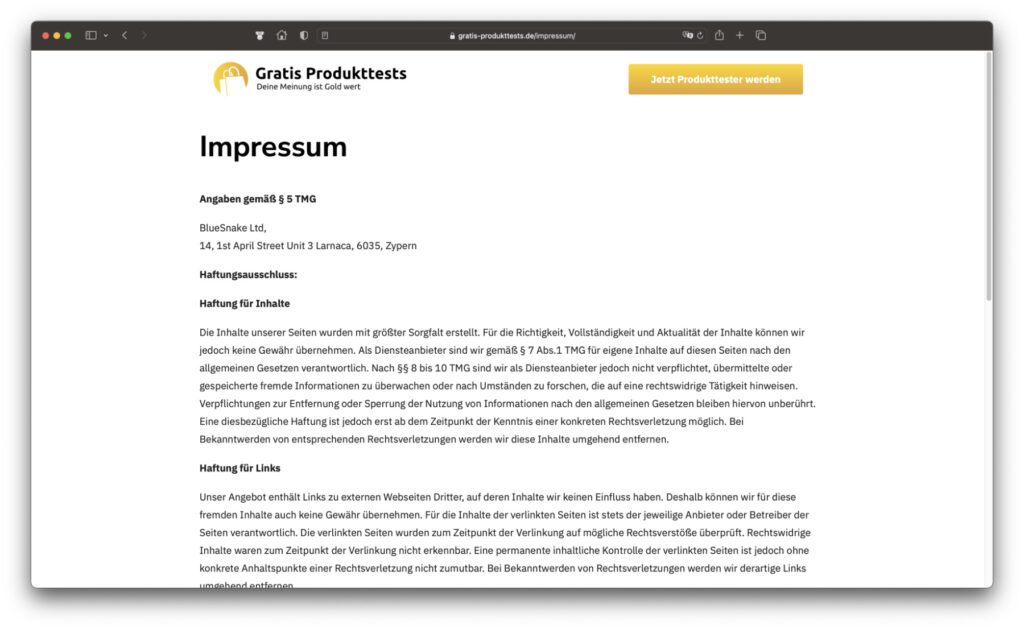 Im Impressum von Gratis Produkttests stoßen wir auf eine bekannte Firma.
