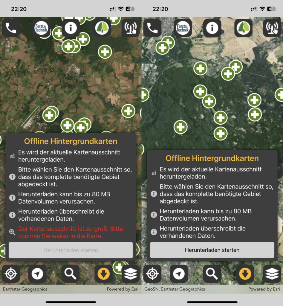 Der Download von Offline-Karten steht nur in einer bestimmten Größe zur Verfügung. Dies wird in der App durch entsprechende Hinweise verdeutlicht. Wichtig zu wissen: Neue Downloads überschreiben vorher runtergeladene Karten.