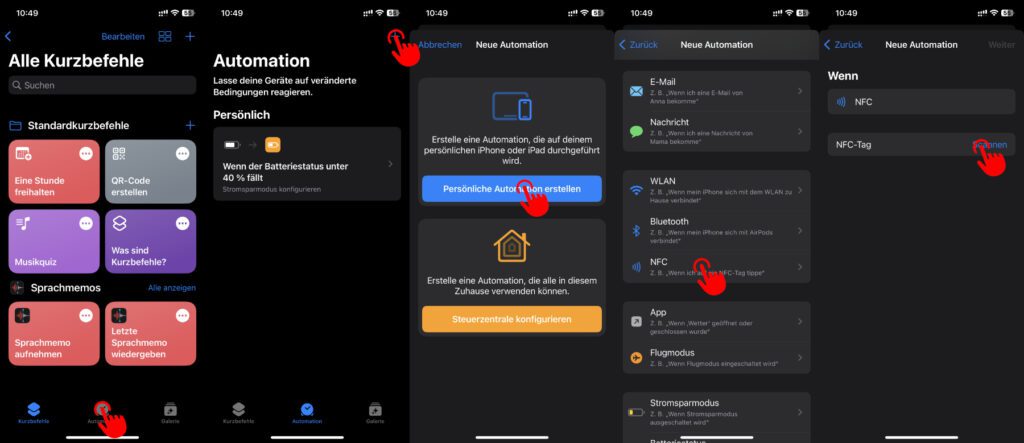 Als erstes öffnet ihr die Kurzbefehle App an eurem Apple iPhone und legt dort eine neue Automation an. Wählt anschließend NFC als Auslöser aus und scannt euren AirTag oder einen anderen NFC-Tag, um ihn als Trigger zu markieren.