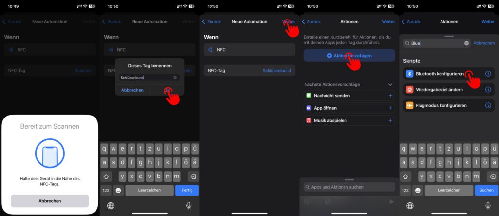 Haltet den AirTag oder den NFC-Tag an euer iPhone bis er erkannt wird. Legt anschließend einen Namen fest und sucht die Aktion raus, die ausgeführt werden soll. Warum ich Bluetooth gewählt habe, lest ihr weiter unten.