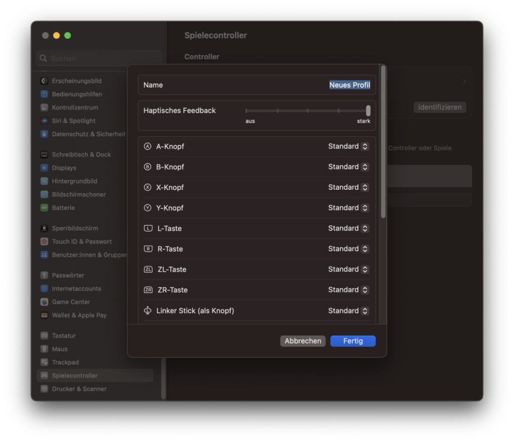 Unter macOS (aktuellste Version von Ventura) wählt ihr in den Systemeinstellungen den Punkt "Spielcontroller" aus und klickt unter der Profile-Übersicht auf das Plus-Symbol (+). Das führt euch zu dieser Liste, mit der ihr die Controller-Knöpfe remappen könnt.