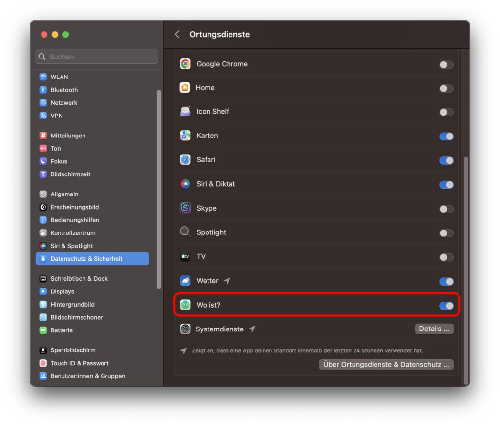 Unter anderem für "Wo ist?" empfiehlt es sich, die Standortermittlung des Apple-Geräts eingeschaltet zu lassen – nicht nur am Mac, sondern auch an iPhone, iPad, iPod touch und Co.