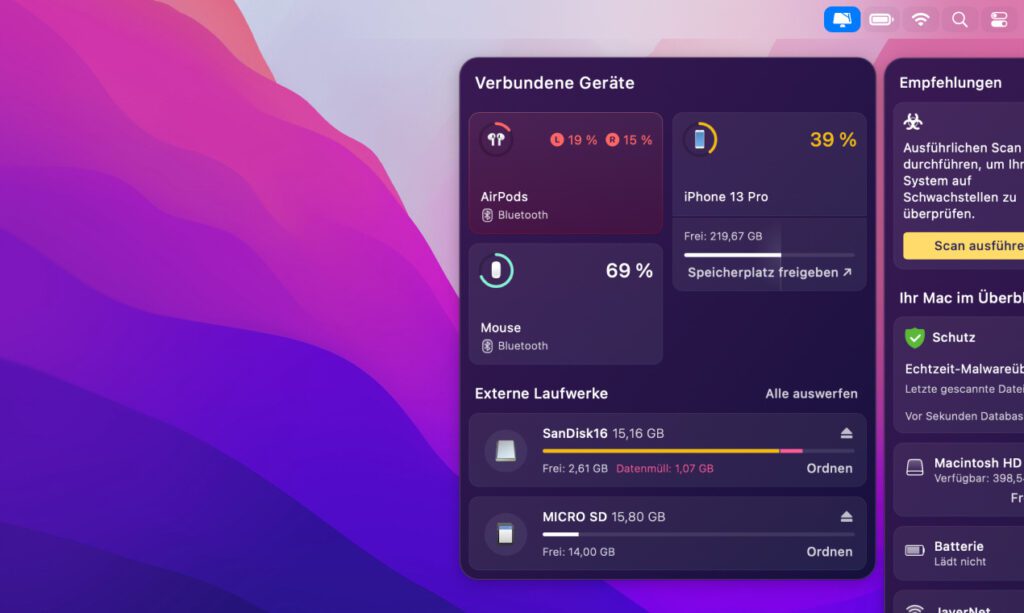 Wer CleanMyMac direkt von der MacPaw-Webseite oder über das Setapp-Abonnement bezieht, kann auf alle Funktionen des neuen Gerätemonitors zugreifen. Durch Apple-Einschränkungen stehen in der Version aus dem App Store nur die Optionen für externe Speicher zur Verfügung. Bilderquelle: MacPaw