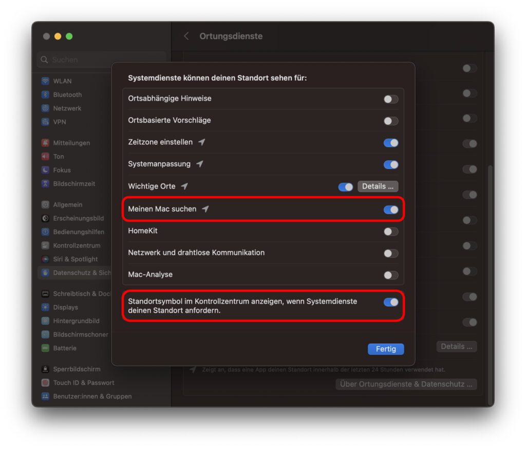 Auch "Meinen Mac suchen" sollte aktiviert bleiben. Wenn ihr nicht wollt, dass die Standortabfrage für Systemdienste in der Menüleiste mit einem blauen Punkt angezeigt wird, dann könnt ihr dies mit dem letzten Regler deaktivieren.