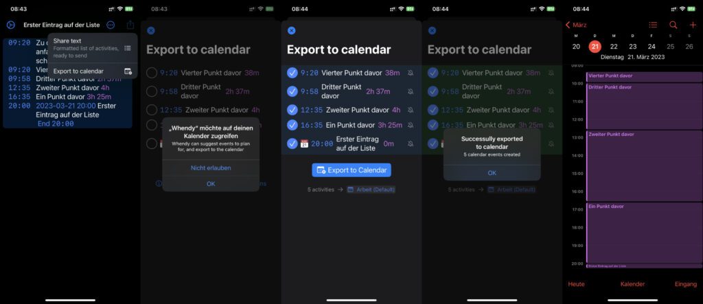 Beim ersten Exportieren in den Kalender wird abgefragt, ob Whendy auf selbigen zugreifen darf. Anschließend könnt ihr so viele oder wenige Punkte von eurer Liste auswählen wie ihr wollt. Anfangs sind keine ausgewählt; ich habe hier einfach mal alle angetippt. Der letzte Screenshot zeigt die Einträge im Kalender.