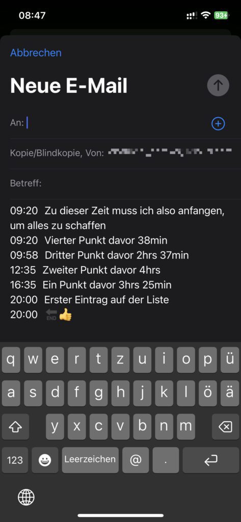 Wählt ihr das Teilen als Text aus, dann steht euch die systemübliche Teilen-Maske zur Verfügung – inklusive bestimmter Kontakte und Apps. Ich habe einfach mal Mail ausgewählt. Der Schlusspunkt mit den Emojis wurde dabei automatisch kreiert, was ich ein nettes Extra finde.