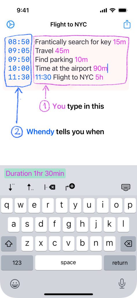 Vermittels der Beschreibung von Whendy wird direkt klar, wie sie funktioniert: Man gibt To-Do-Listenpunkte mit ihrer Dauer in Stunden und / oder Minuten ein. Die Software berechnet dann automatisch, wann man fertig ist bzw. anfangen muss. Bildquelle: Hannes Oud