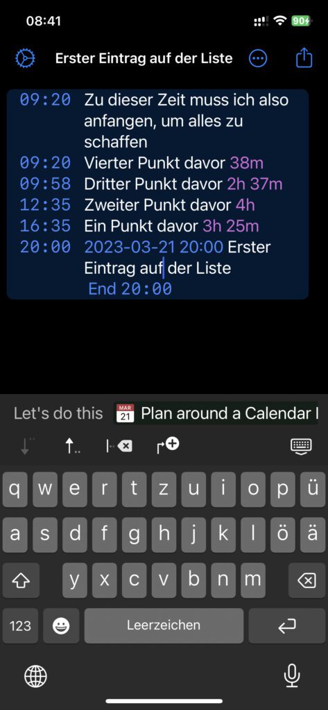 Hier seht ihr eine Liste, die ich mit dem letzten Punkt begonnen habe, um mich zur Start-Zeit vorzuarbeiten. Über der virtuellen Tastatur findet ihr die nützlichen Symbole zum Einfügen, Löschen und Bewegen von einzelnen Listenpunkten. Man merkt, dass Hannes Oud lange an der App gewerkelt hat, denn sie ist sehr durchdacht.