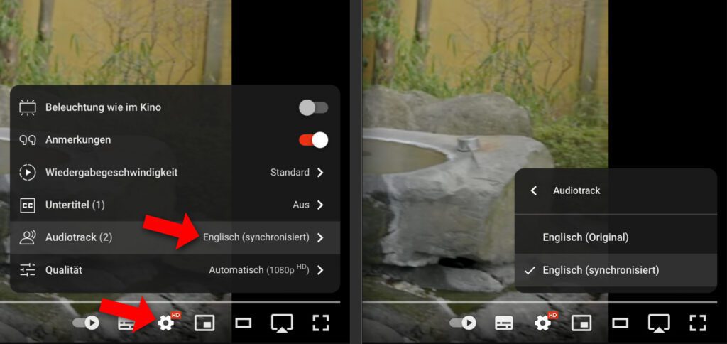 Auf der YouTube-Webseite wählt ihr das Zahnrad im Player aus, um auf die Einstellungen für das Videos zuzugreifen. Stehen verschiedene Audiospuren zur Verfügung, wird dies durch die Option "Audiotrack" angezeigt.