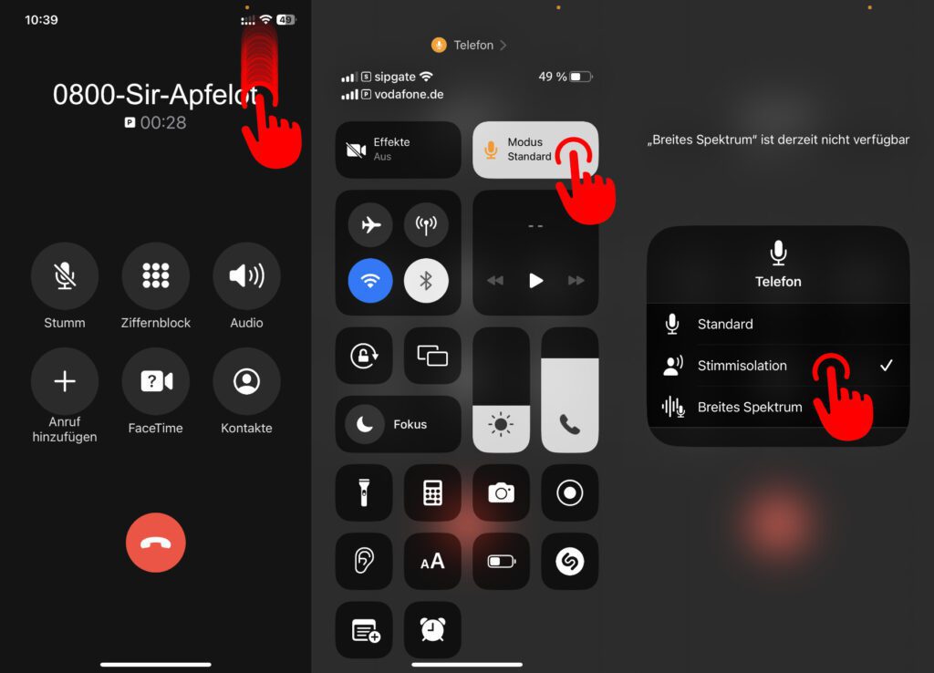 Wischt während eines Telefonats von der rechten oberen Ecke des Displays nach unten, um das Kontrollzentrum zu öffnen. Tippt dann die Mikrofon-Optionen sowie darin den Modus für die Stimmisolation an.