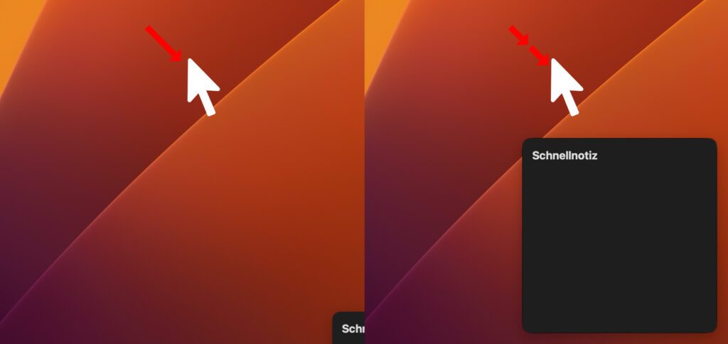Das ist der Standard: Bewegt man den Mauszeiger in die Display-Ecke unten rechts, dann erscheint die Schnellnotiz (links). Schiebt man den Cursor noch ein bissen nach, wird sie größer angezeigt (rechts). In beiden Fällen kann man sie anklicken, um sofort einen Gedanken festzuhalten.