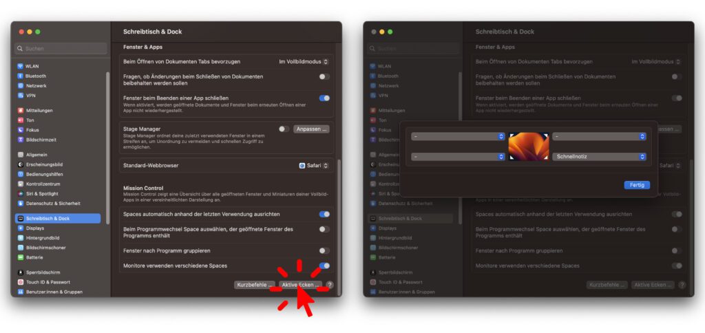 Um abseits der Schnellnotiz die Bildschirmecken unter macOS für bestimmte Aktionen und Funktionen zu nutzen, ruft in den Systemeinstellungen das Untermenü für "Aktive Ecken" auf.
