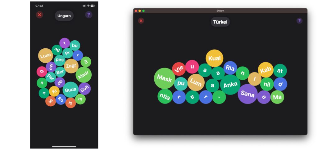 In Study with Subwords könnt ihr verschiedene Listen anlegen oder runterladen, um euch mit einer Alternative zum Karteikarten-System neues Wissen anzueignen. Hier die Ansicht am iPhone und am Mac.