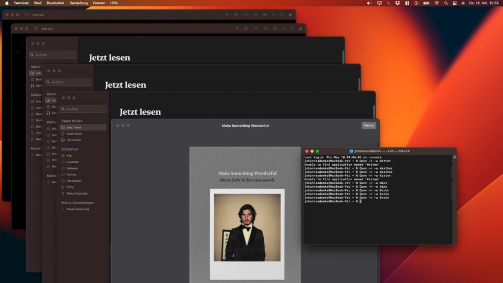 Am Apple Mac mehrere Male die gleiche App öffnen: Mit dem hier gezeigten Terminal-Befehl funktioniert es. Auf dem Screenshot seht ihr zwei Karten-Fenster und drei Bücher-Fenster. Der Trick funktioniert aber nicht immer. Details findet ihr in diesem Beitrag.