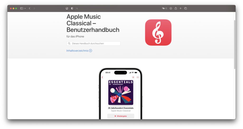 Apple hat nun eine deutsche Version vom Apple Music Classical Handbuch verfügbar gemacht. Neben Grundlagen und Nutzungshinweisen gibt es auch eine Anleitung für den Download von klassischer Musik. Dieser muss weiterhin über die separate Musik App realisiert werden.