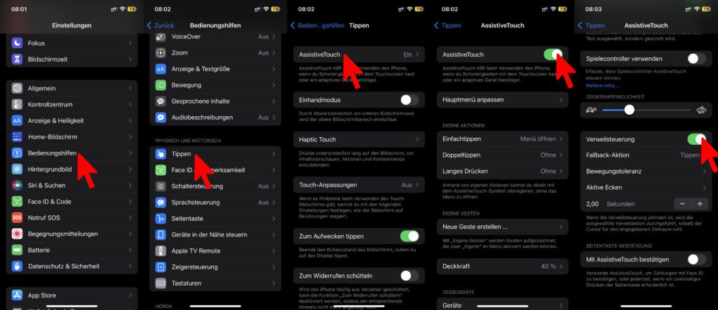 Um aktive Ecken unter iOS und iPadOS nutzen zu können, müssen AssistiveTouch und die Verweilsteuerung aktiviert sein. Letztere muss allerdings pausiert werden, wenn das automatische Klicken / Tippen nicht genutzt werden soll.