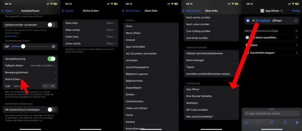 Um den vier Ecken des Displays bestimmte Aktionen zuzuweisen, nutzt ihr ebenfalls das AssistiveTouch-Menü und klickt dort auf "Aktive Ecken". Nun könnt ihr verschiedenste Features einstellen. Eigene Kurzbefehle müssen vorher in der Kurzbefehle App angelegt werden, damit sie in der Liste auftauchen.