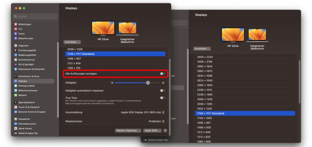 Aktiviert ihr anschließend noch den Regler der "Alle Auflösungen anzeigen"-Option, dann könnt ihr euch aus einer großen Liste von Displayauflösungen bedienen. Je nach verwendeten Systemfunktionen, Programmen, Spielen oder Medien können sich verschiedene Pixelkombinationen lohnen.