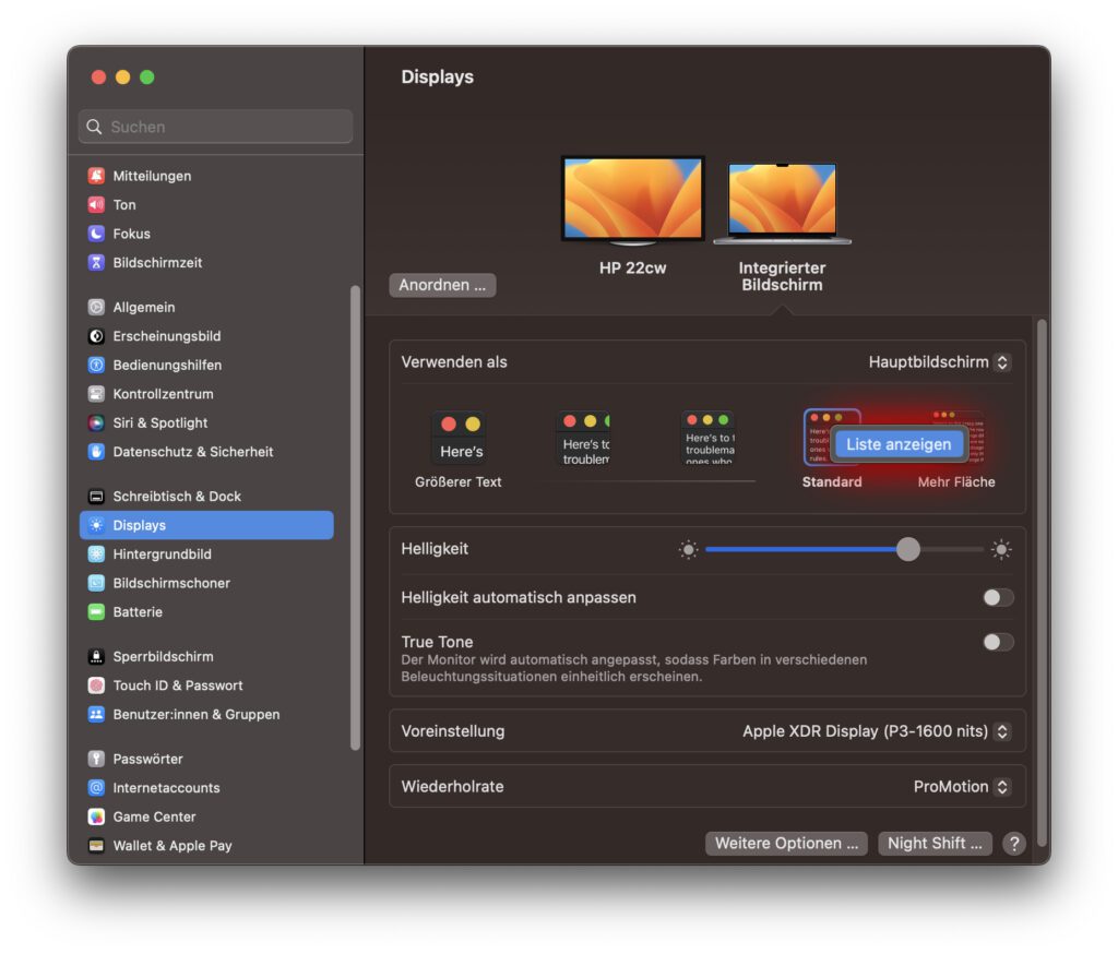Führt einen Rechtsklick / Sekundärklick auf die Zeile mit den Auflösung-Symbolen aus. Nun könnt ihr auf "Liste anzeigen" klicken. Dies ebnet euch den Weg zur für euch perfekten Display-Auflösung am Apple Mac.