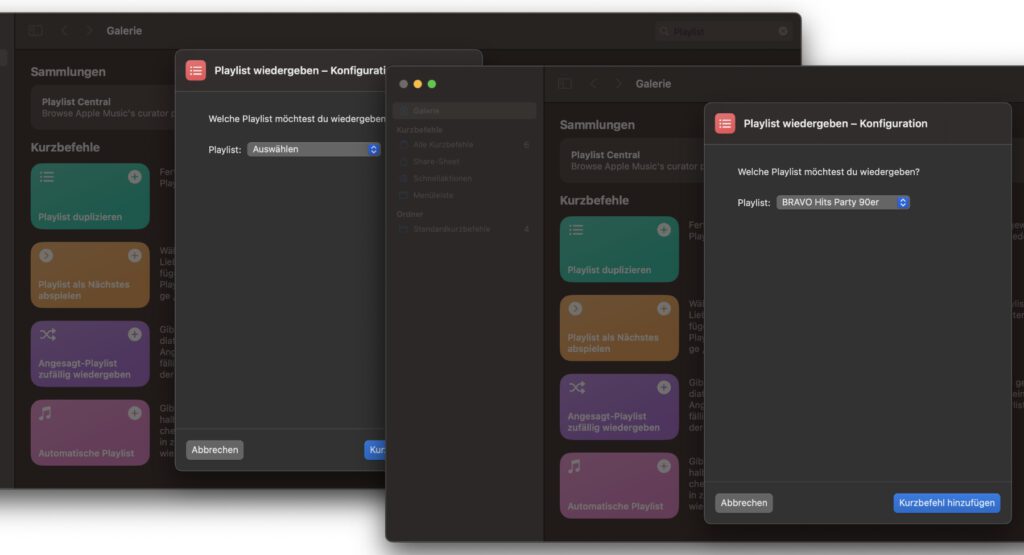 Habt ihr eine Wiedergabeliste aus eurer Mediathek ausgewählt, dann könnt ihr den Kurzbefehl für ihre Wiedergabe anlegen. Ist die gewünschte Playlist nicht auswählbar? Dann müsst ihr sie erstmal in Apple Musik zu eurer Sammlung hinzufügen.