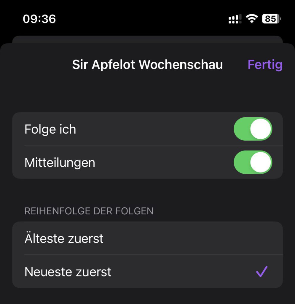 Die Einstellungen werden nur für den ausgewählten Podcast übernommen. Wie ihr seht, hatte die oben aufgezeigte Maßnahme keinen Einfluss auf den Sir Apfelot Podcast. Dieser wird wie gehabt ab der neuesten Folge abgespielt.