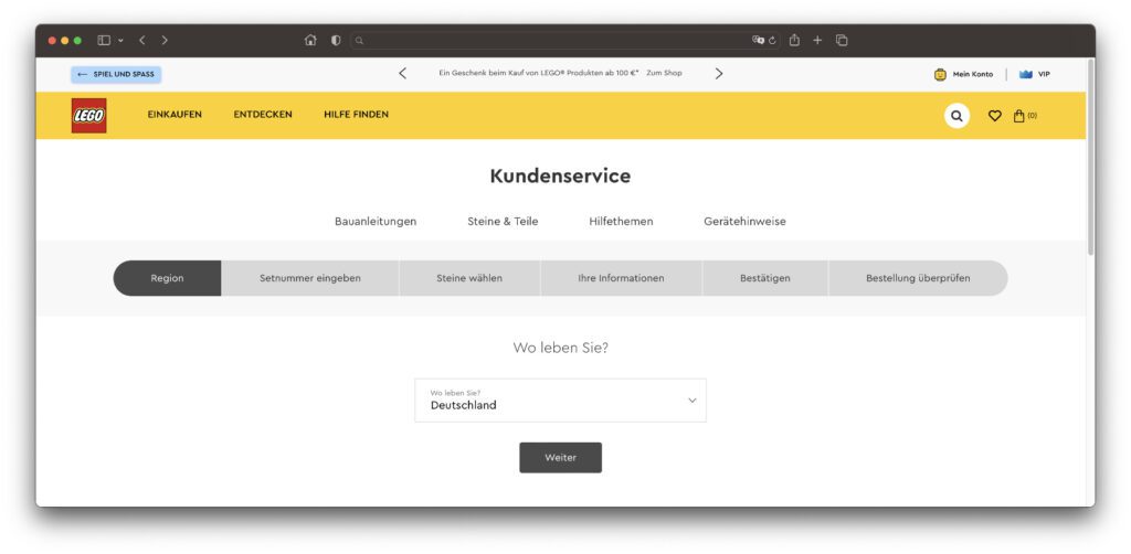 Auf der verlinkten Support-Seite von LEGO könnt ihr alle nötigen Daten eingeben, um gratis die fehlenden Steine eures Sets zu erhalten.