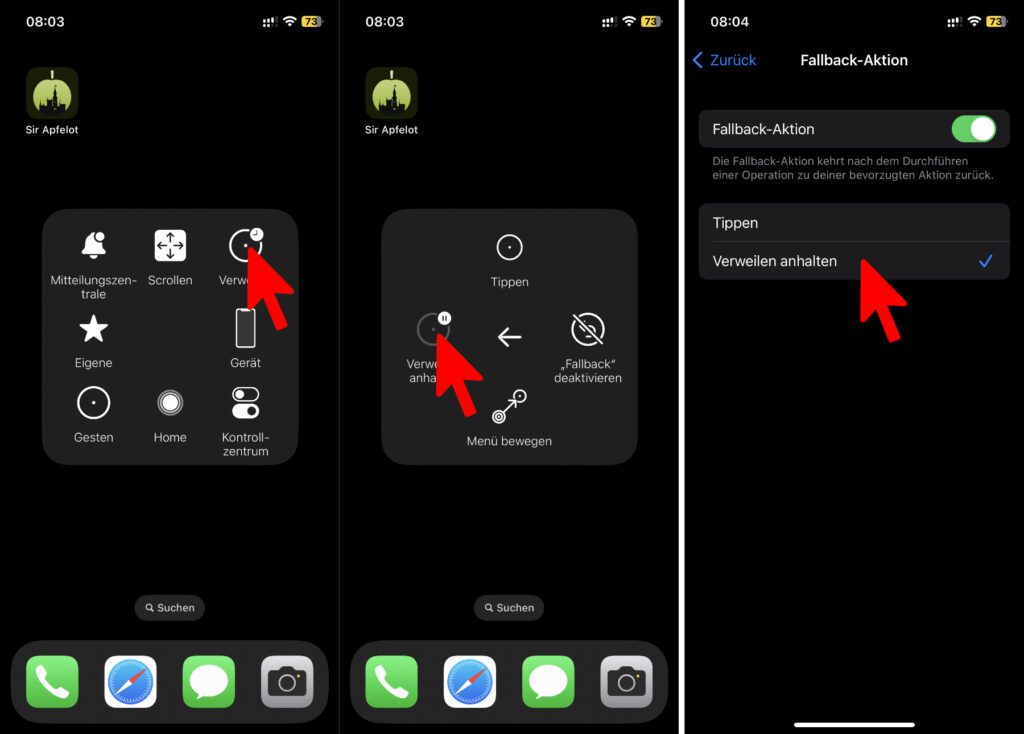 Die Verweilsteuerung pausieren: Klickt oder tippt auf den AssistiveTouch-Button (wird in den Screenshots nicht abgebildet), wählt dann "Verweilen" sowie anschließend "Verweilen anhalten" aus. ODER: Nutzt die Fallback-Aktion in den AssistiveTouch-Einstellungen.