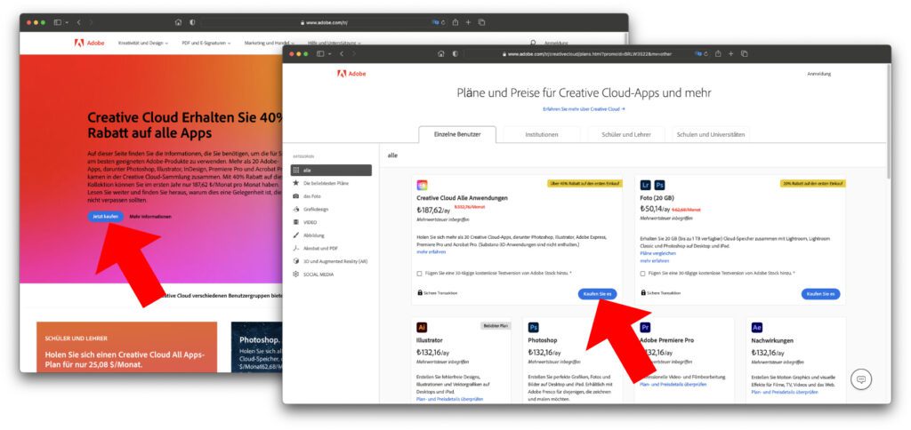 Wählt dann die gewünschte Kaufoption aus. Hier als Beispiel das gesamte Adobe Creative Cloud Angebot zum kleinen Preis. Einzelne Programme gibt es noch günstiger.