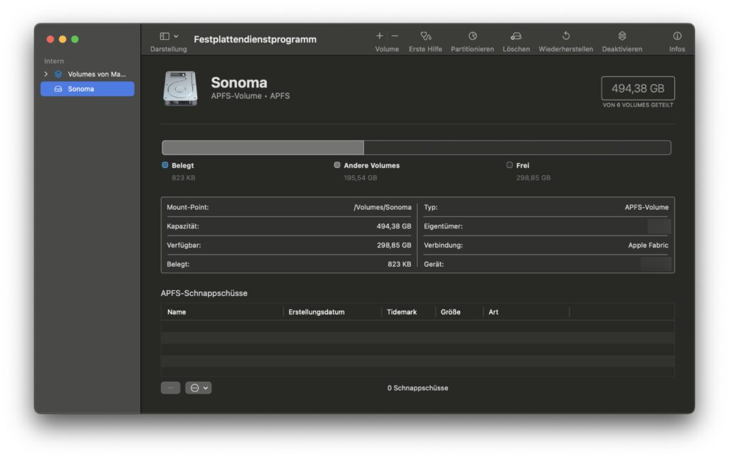 Und hier ist das leere Sonoma-Volume, auf dem wir nun die Installation der Beta realisieren können. So bleibt das aktuelle Mac-Betriebssystem unberührt und kann weiterhin verwendet werden.