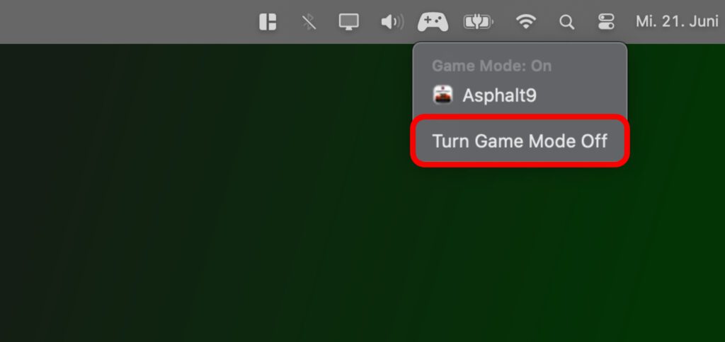 Über die Menüleiste und das dortige Controller-Symbol könnt ihr am Apple Mac den Spielmodus / Game Mode ausschalten. Ist das Spiel nicht so rechenaufwändig, könnt ihr also Ressourcen für im Hintergrund laufende Programme übrig lassen und trotzdem flüssig spielen.