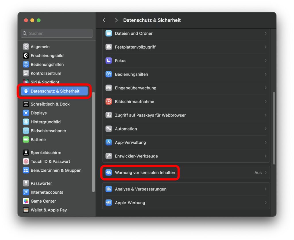 Ab macOS 14 findet ihr in den Systemeinstellungen unter Datenschutz & Sicherheit den Punkt „Warnung vor sensiblen Inhalten“.