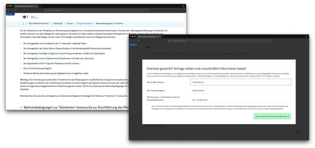 Mit zahlreichen Informationen, Listen und Dokumenten soll das "Digitaler Euro"-Pilotprojekt als seriös dargestellt werden. Jedoch ist das alles Betrug und man befindet sich auf einer gefälschten Webseite. Das Formular für die Eingabe persönlicher Daten funktioniert aber. Wer hier Daten abschickt, wird wahrscheinlich dauerhaft mit Mails und Anrufen terrorisiert.