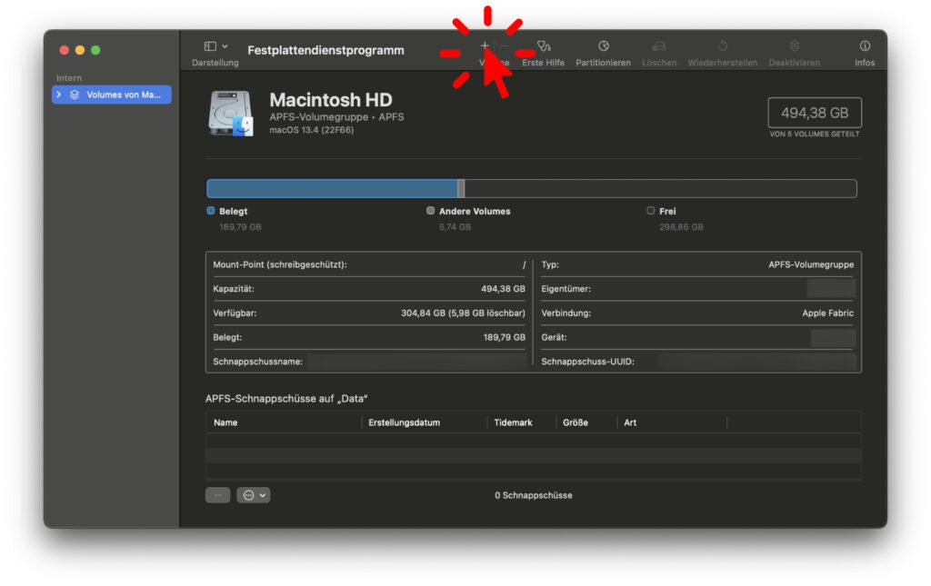 Mit dem Plus-Symbol (+) fügt ihr ein neues Volume hinzu.