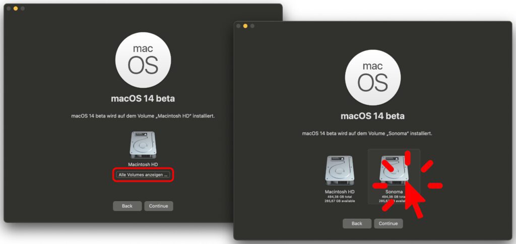Wählt das richtige Volume für die Installation aus!