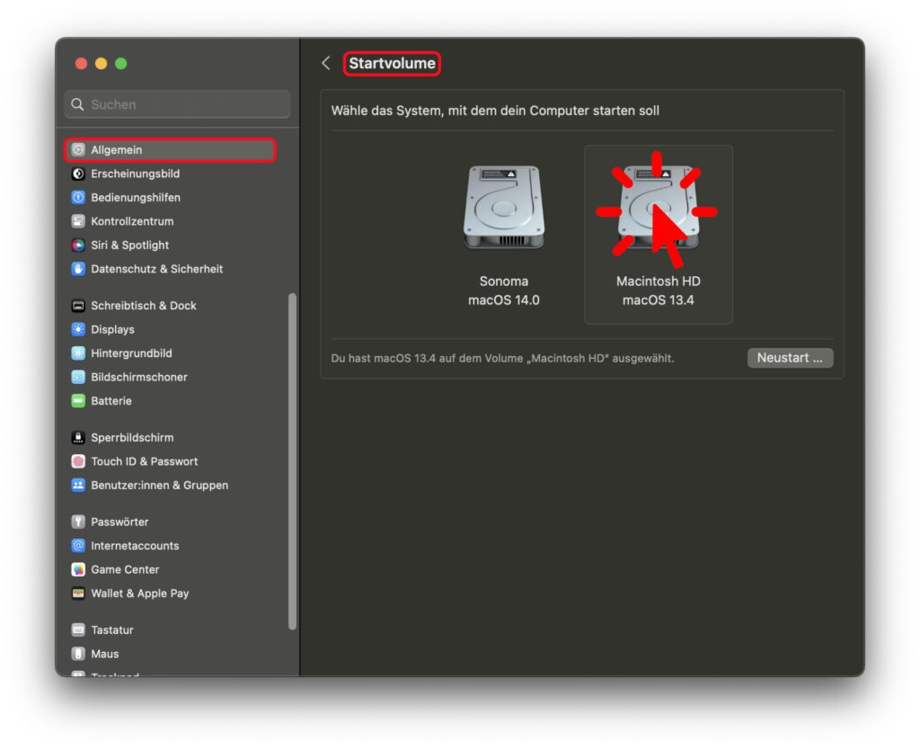 In den Systemeinstellungen des Mac könnt ihr ganz einfach auswählen, von welchem Volume bei einem normalen Systemstart gebootet werden soll.