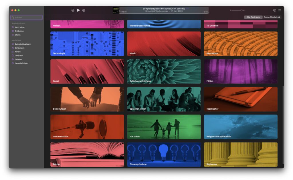 Klickt man zum Beispiel am Mac in das Suchfeld des Podcasts-Fensters, dann werden die bekannten Podcast-Kategorien sowie die neun neuen Unterkategorien angezeigt.