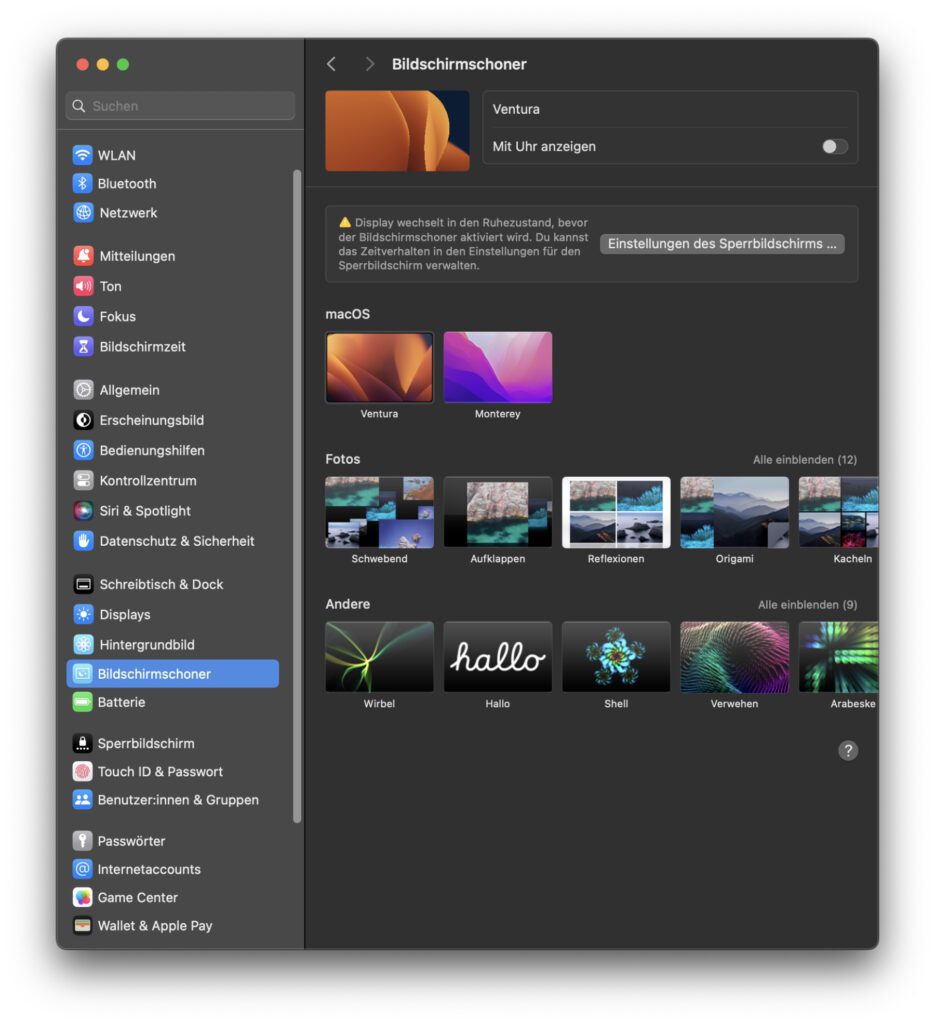 Im Bereich für Bildschirmschoner der macOS-Systemeinstellungen wird man nicht fündig.