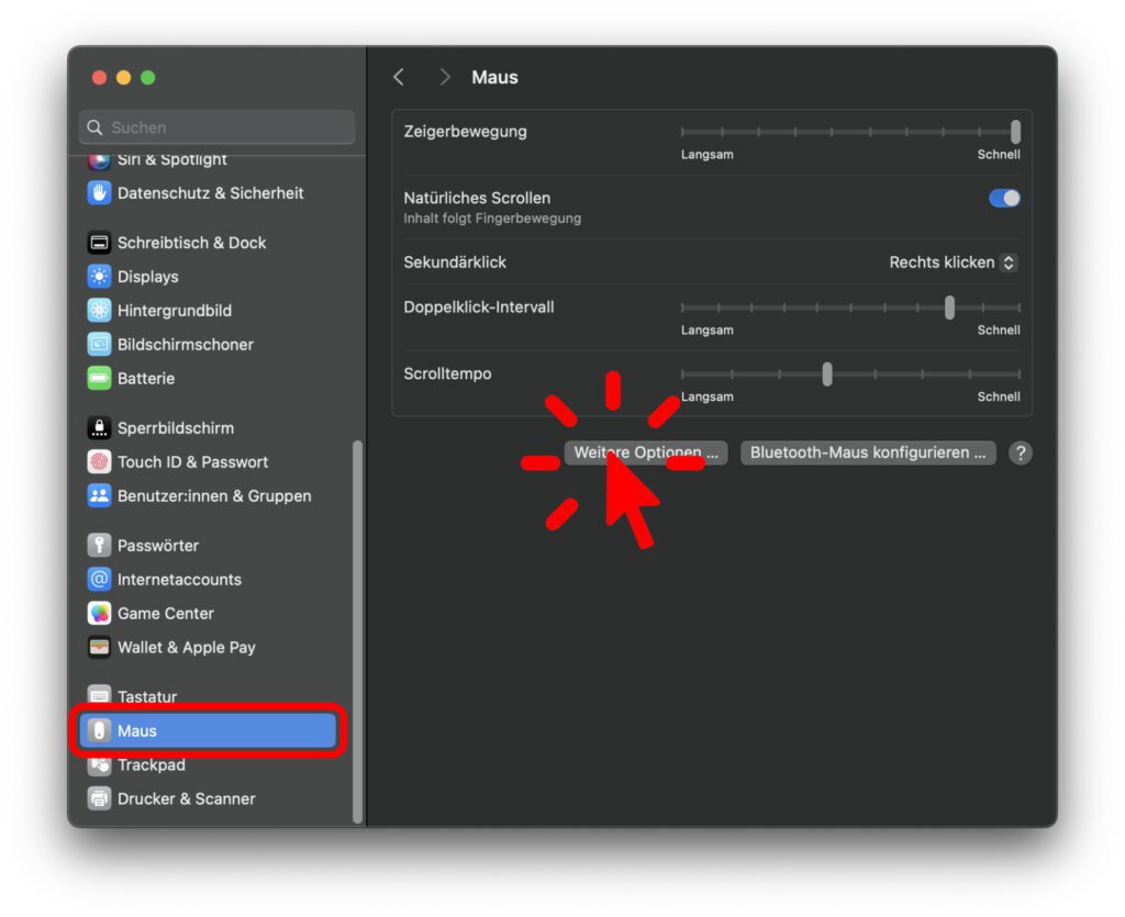 Die Maus-Einstellungen findet ihr in den Systemeinstellungen von macOS. Ab Sonoma gibt es da den „Weitere Optionen…“-Button.