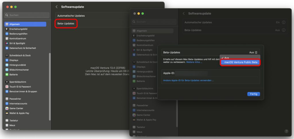 Trotz Login auf der Developer-Webseite von Apple steht auch in den Systemeinstellungen des registrierten Macs nur die Ventura Beta zur Verfügung. Es gibt also hier nur Public Betas, unter denen Sonoma noch nicht zu finden ist.