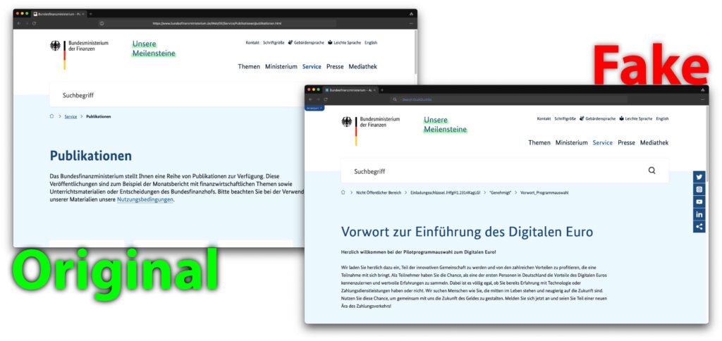 Links das Original, rechts der Fake. Die im Großen und Ganzen kopierte BFM-Webseite soll einen seriösen Eindruck erwecken. Nur Kleinigkeiten, auf die man in der Eile wohl kaum achtet, lassen den Betrug auffliegen. 