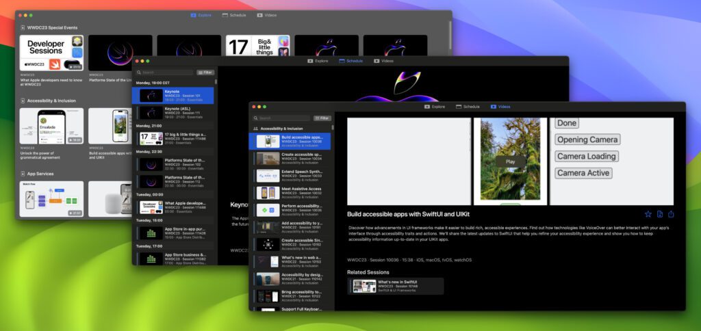 In den drei Tabs der WWDC App kann man die Videos der WWDC23 und der vorigen Konferenzen auf unterschiedliche Weise durchsuchen und managen.