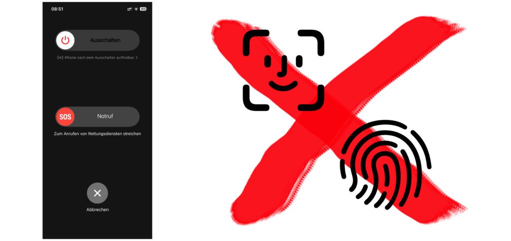 Der Ausschalten-Bildschirm am Apple iPhone bietet die Deaktivierung von Face ID und Touch ID. Wurde er aufgerufen und tippt man dann unten auf das eingekreiste X, wird beim nächsten Entsperren der achtstellige iPhone-Code verlangt. 