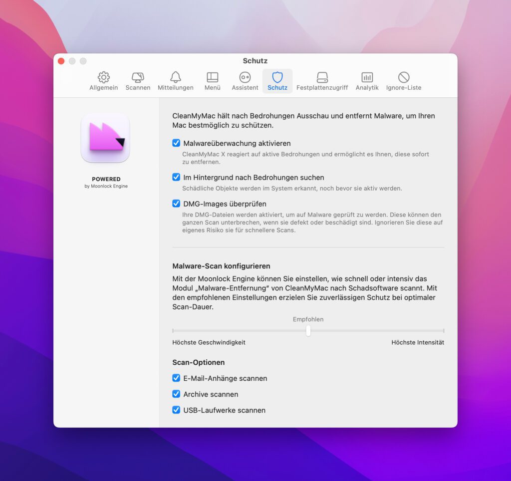 In den Einstellungen könnt ihr festlegen, ob es einen Hintergrund-Scan geben soll, welche zusätzlichen Orte (E-Mail-Anhänge, Archive, USB-Datenträger, etc.) untersucht werden und wie stark der Malware-Scan vonstatten gehen soll.