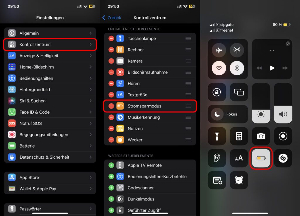 Einmal zum Kontrollzentrum hinzugefügt, könnt ihr den Stromsparmodus am iPhone wesentlich schneller aktivieren und deaktivieren als über die iOS-Einstellungen.